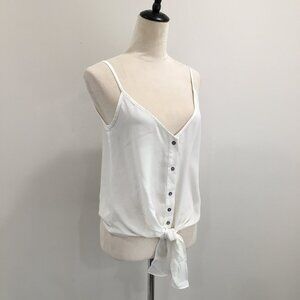 OLIVACEOUS White Sleeveless Strappy Knot/Tie Hem Sheer/Thin Button Top